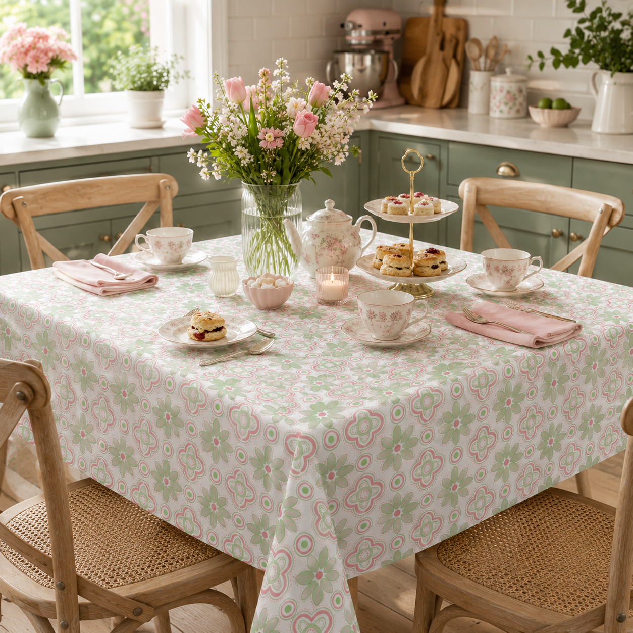A square table covered with a white tablecloth featuring a soft pink and sage green floral pattern, set in a bright kitchen with wooden chairs, teacups, pastries on a stand, and a large vase of pink and white flowers.