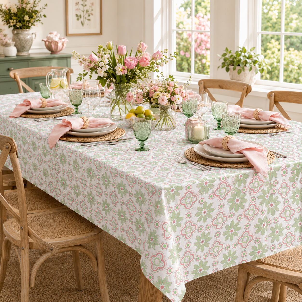 A rectangular dining table covered with a white tablecloth featuring a repeating pastel floral pattern in pink and sage green. The table is set with plates, pink napkins, green glassware, woven placemats, and multiple floral arrangements, surrounded by wooden chairs in a bright, sunlit dining room.