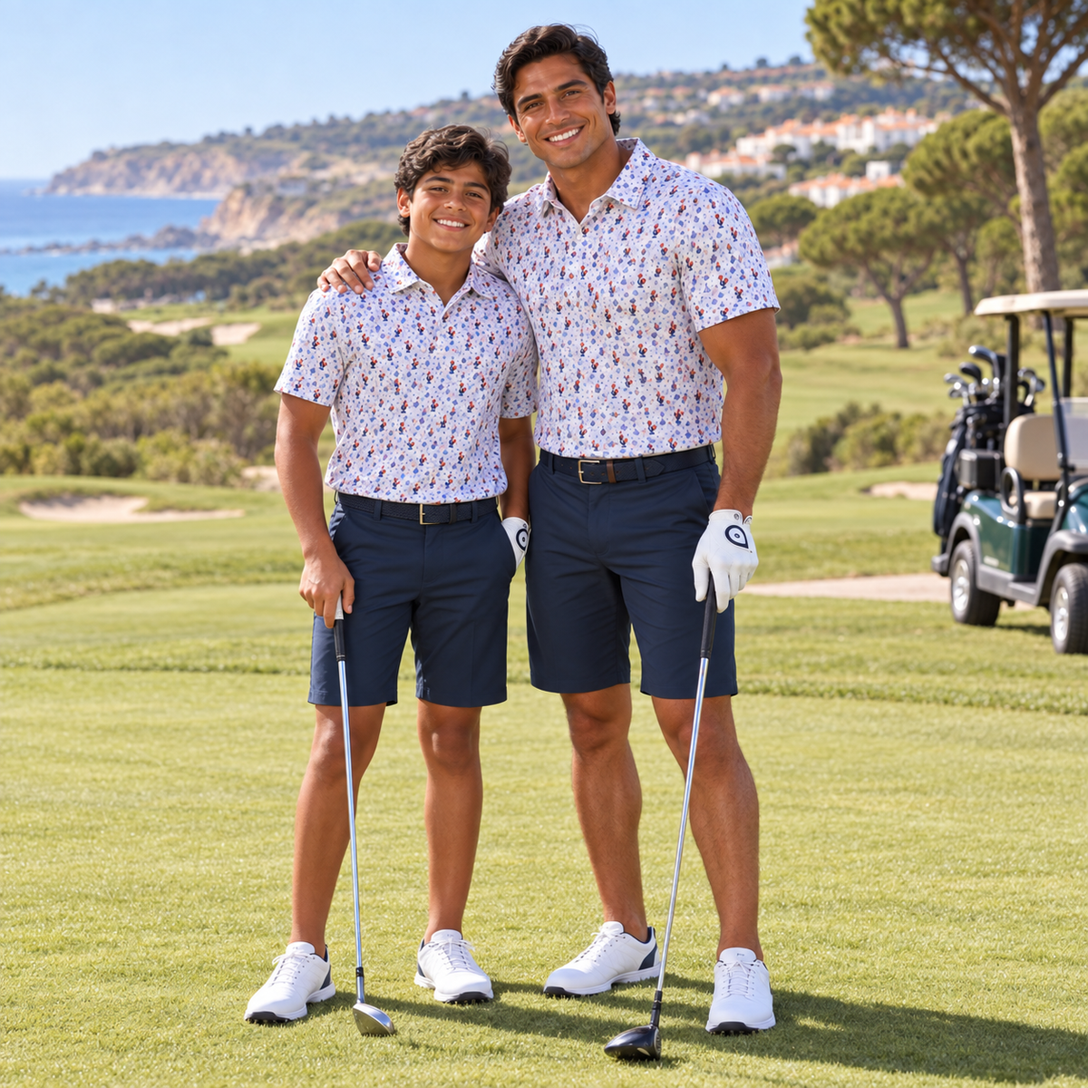 Two men standing on a golf course wearing matching short-sleeve patterned polo shirts and navy shorts, with golf clubs and a golf cart in the background.