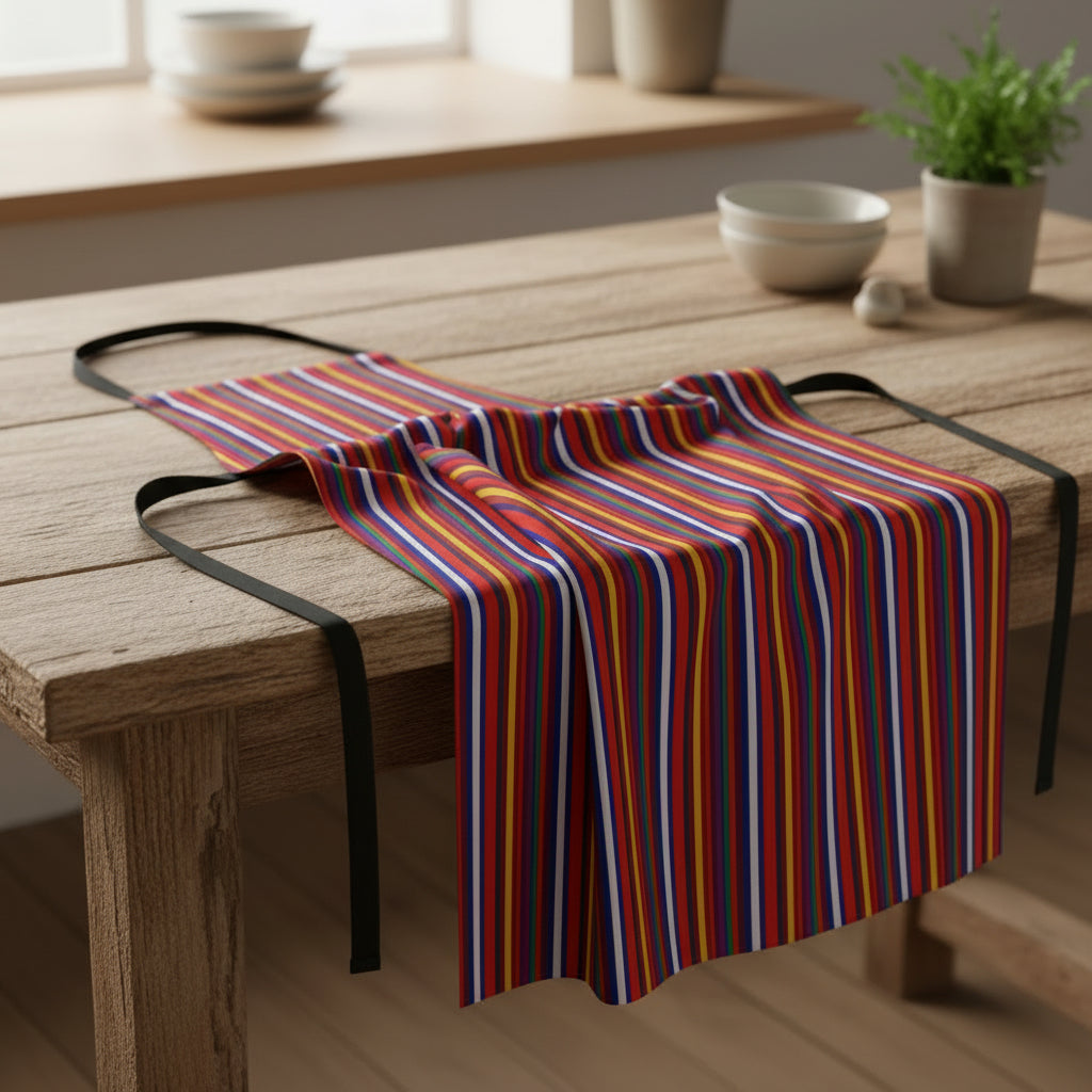 Colorful striped apron on a wood table