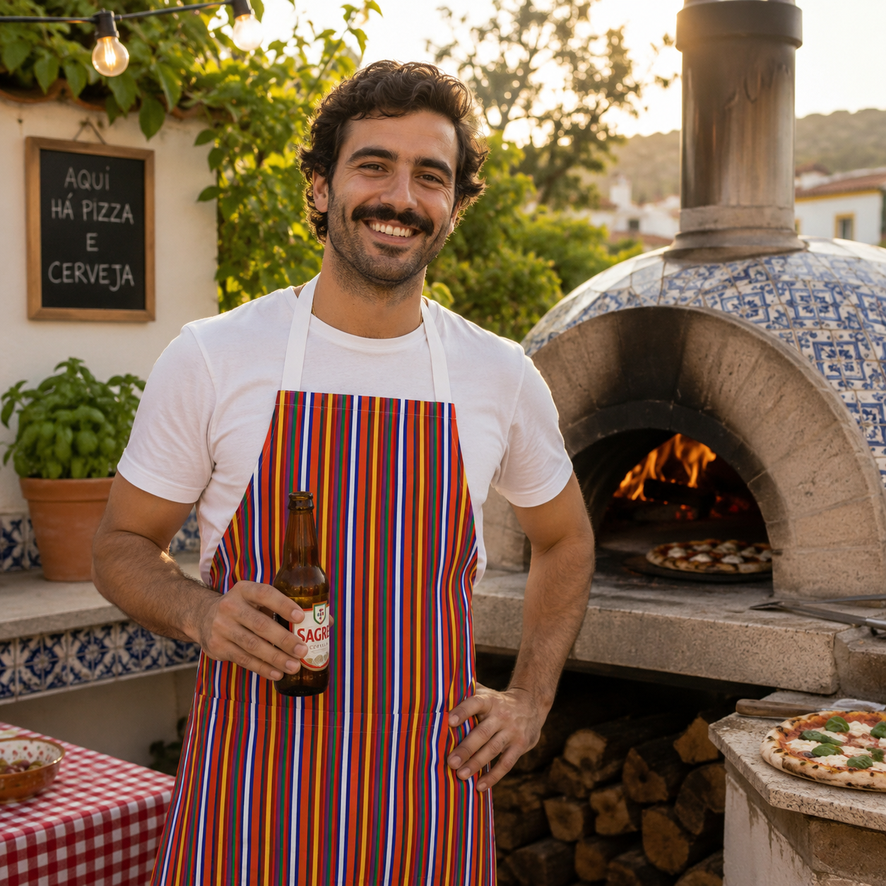 Portuguese Man in a striped apron holding a beer bottle, standing in front of an outdoor pizza oven with pizzas cooking inside.
