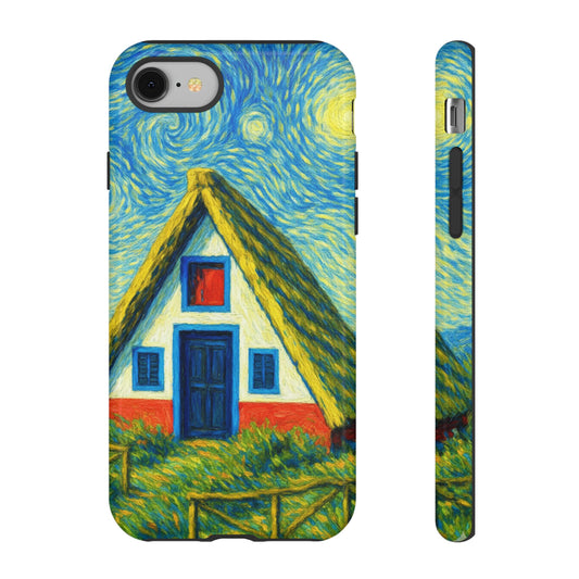 Phone case with a design of a Madeiran house inspired by Van Gogh's style on a white background
