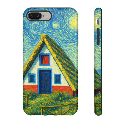 Phone case with a stylized depiction of a Madeiran house similar to Van Gogh's 'Starry Night' design.