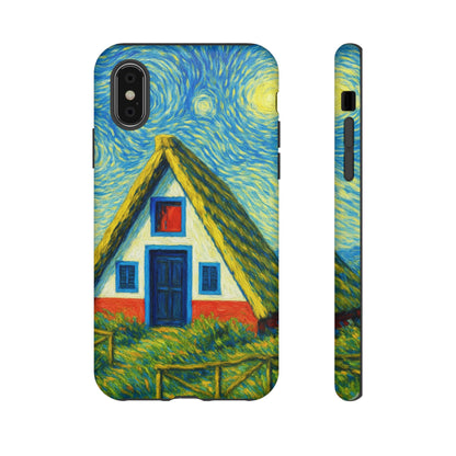 Phone case with a stylized depiction of a Madeiran house in the style of Van Gogh's 'Starry Night'.