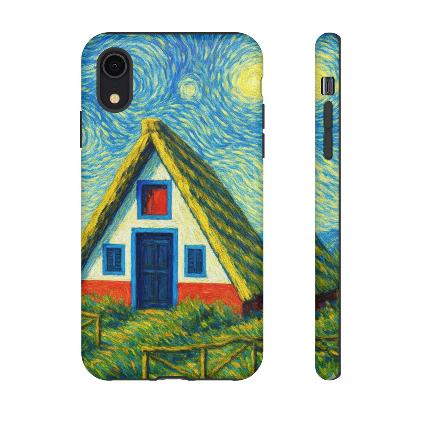 Phone case with a design of a Madeiran house inspired by Van Gogh's 'Starry Night'.