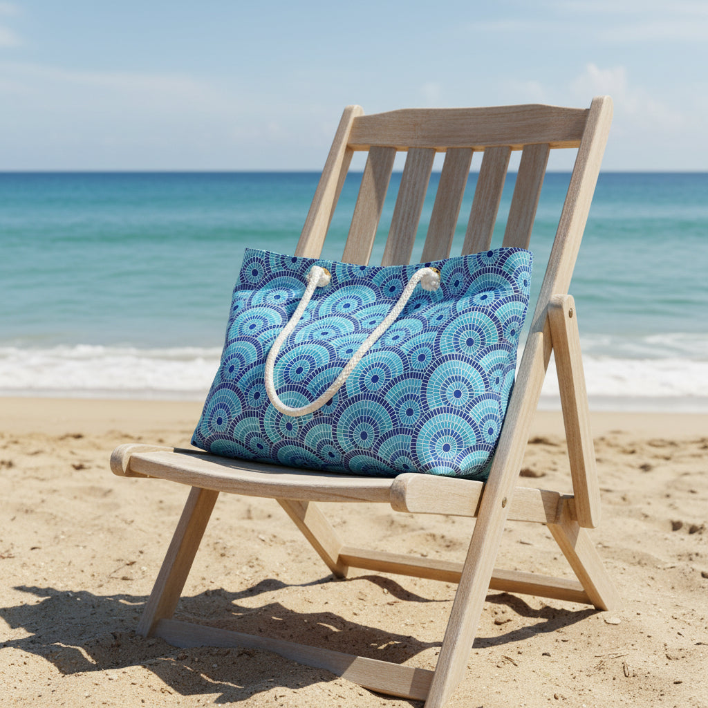 Blue and white patterned tote bag with a white handle on a white background