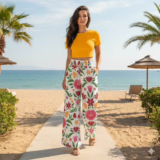 Woman in yellow top and floral pants standing on a beach with palm trees and ocean in the background.