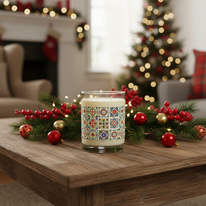 Candle with colorful portuguese tile patterned label on a white background