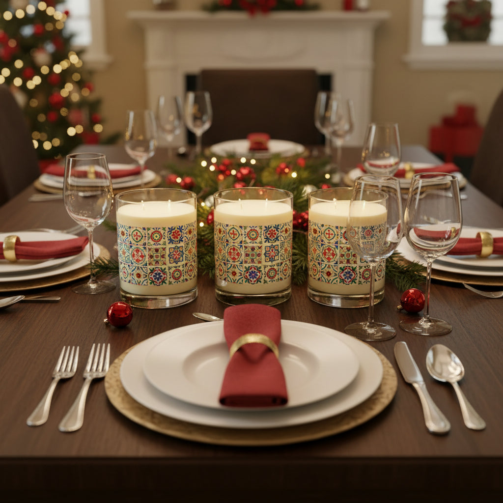 Candles with colorful portuguese tile patterned label on a holiday dining room table