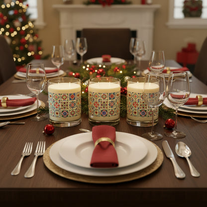 Candles with colorful portuguese tile patterned label on a holiday dining room table