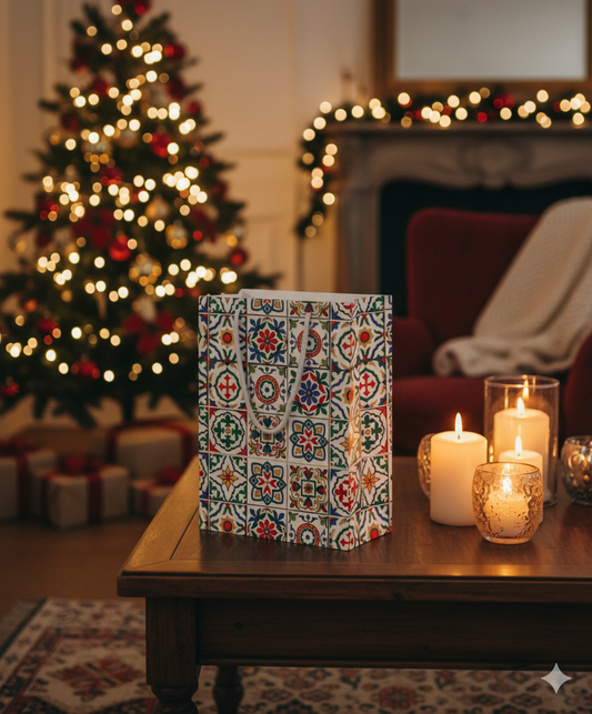 Decorative gift bag on a table with a Christmas tree and candles in the background