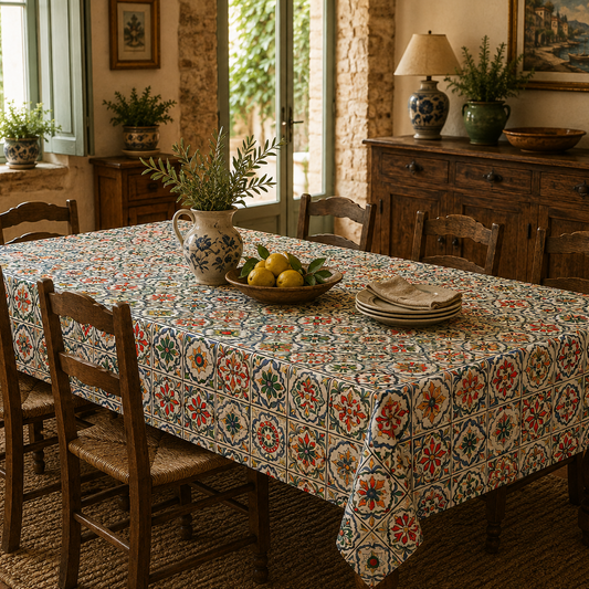 A rectangular dining table covered with a colorful patterned tablecloth, surrounded by wooden chairs in a rustic, sunlit room with stone walls, a sideboard, and decorative plants.