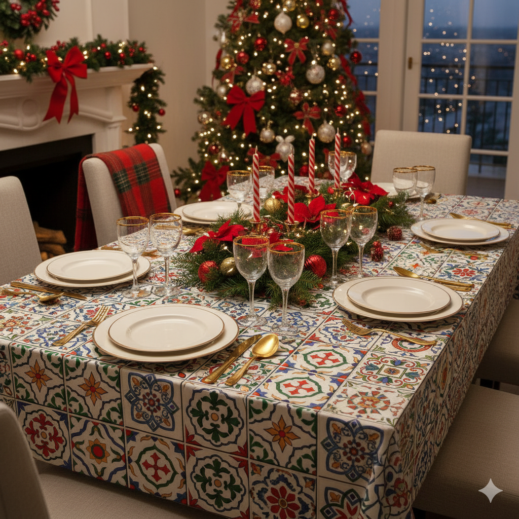 Decorated Christmas table with a colorful tablecloth, candles, and Christmas tree in a festive room.