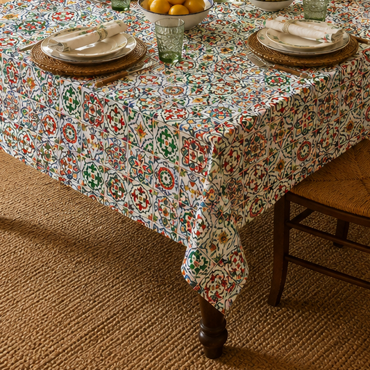 A rectangular dining table covered with a multicolor floral tablecloth, set with plates, glasses, and a vase of flowers in a warmly lit dining room with wooden chairs, a chandelier, and decorative wall art.