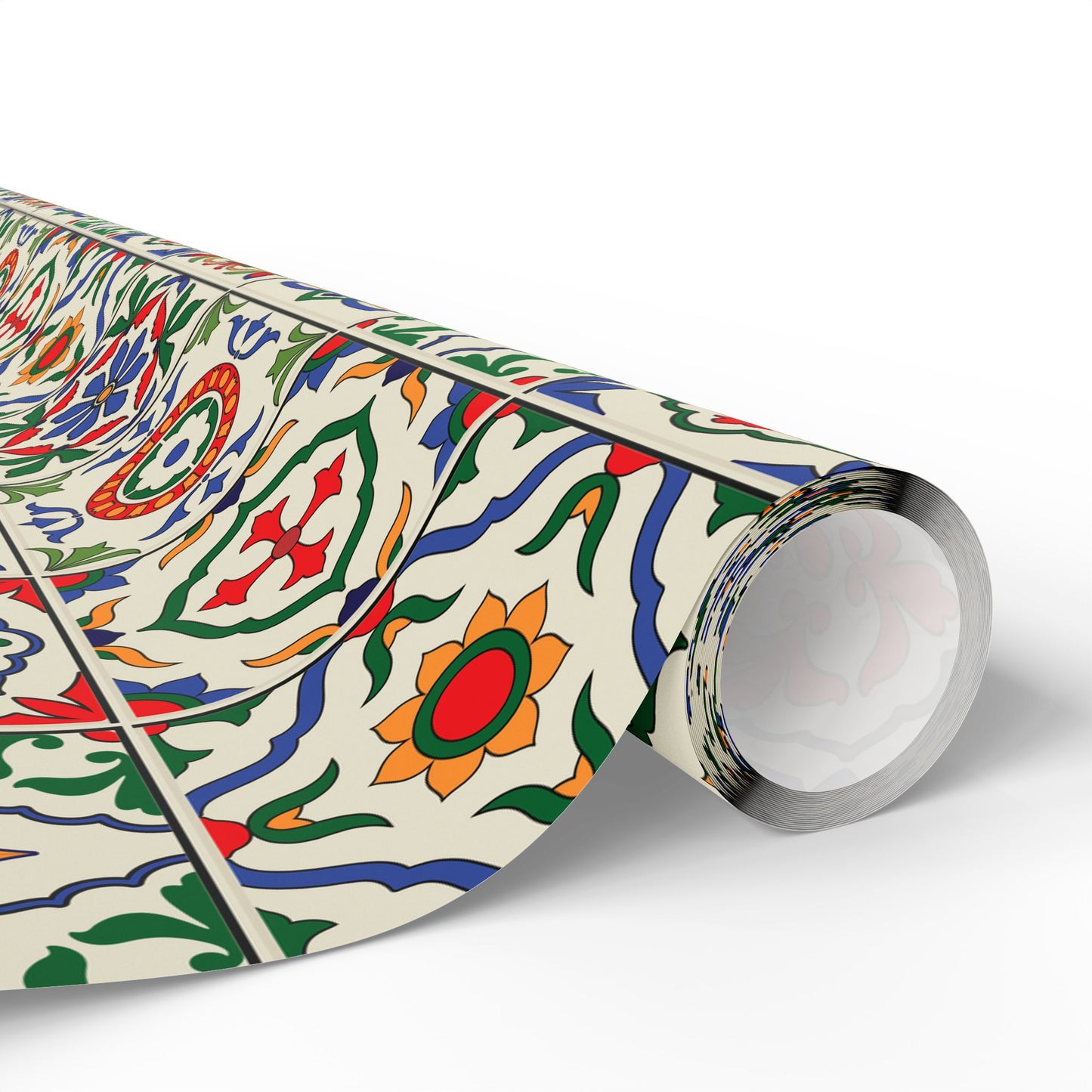 Roll of decorative paper with colorful portuguese tile pattern on a white background