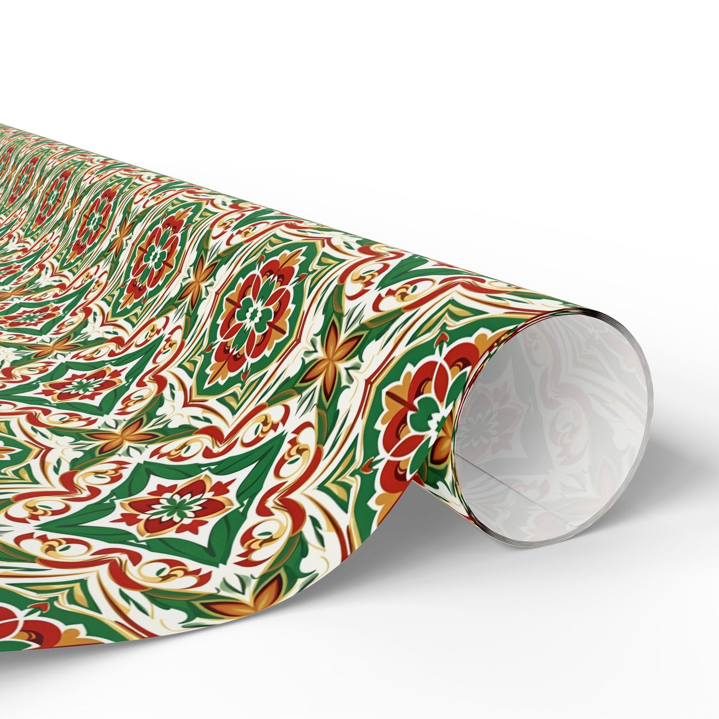Roll of colorful portuguese christmas tile patterned paper on a white background