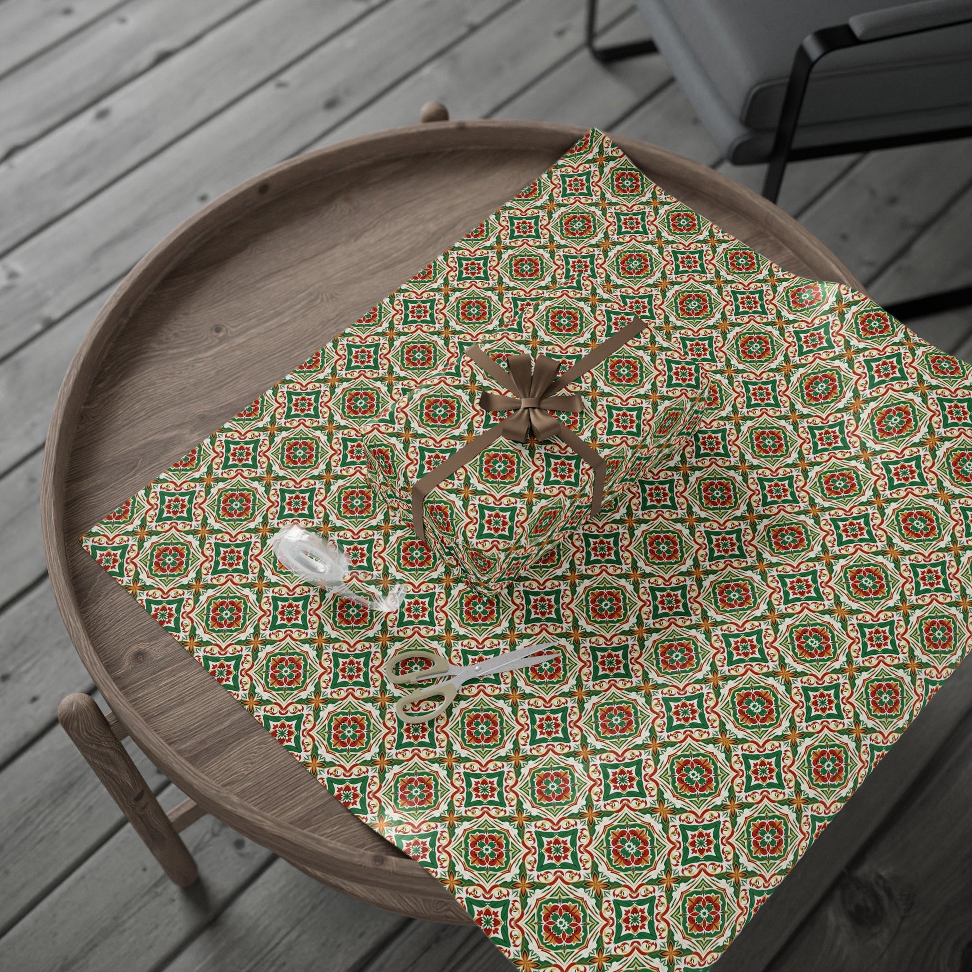 Decorative wrapping paper with portuguese christmas tile pattern on a wooden table