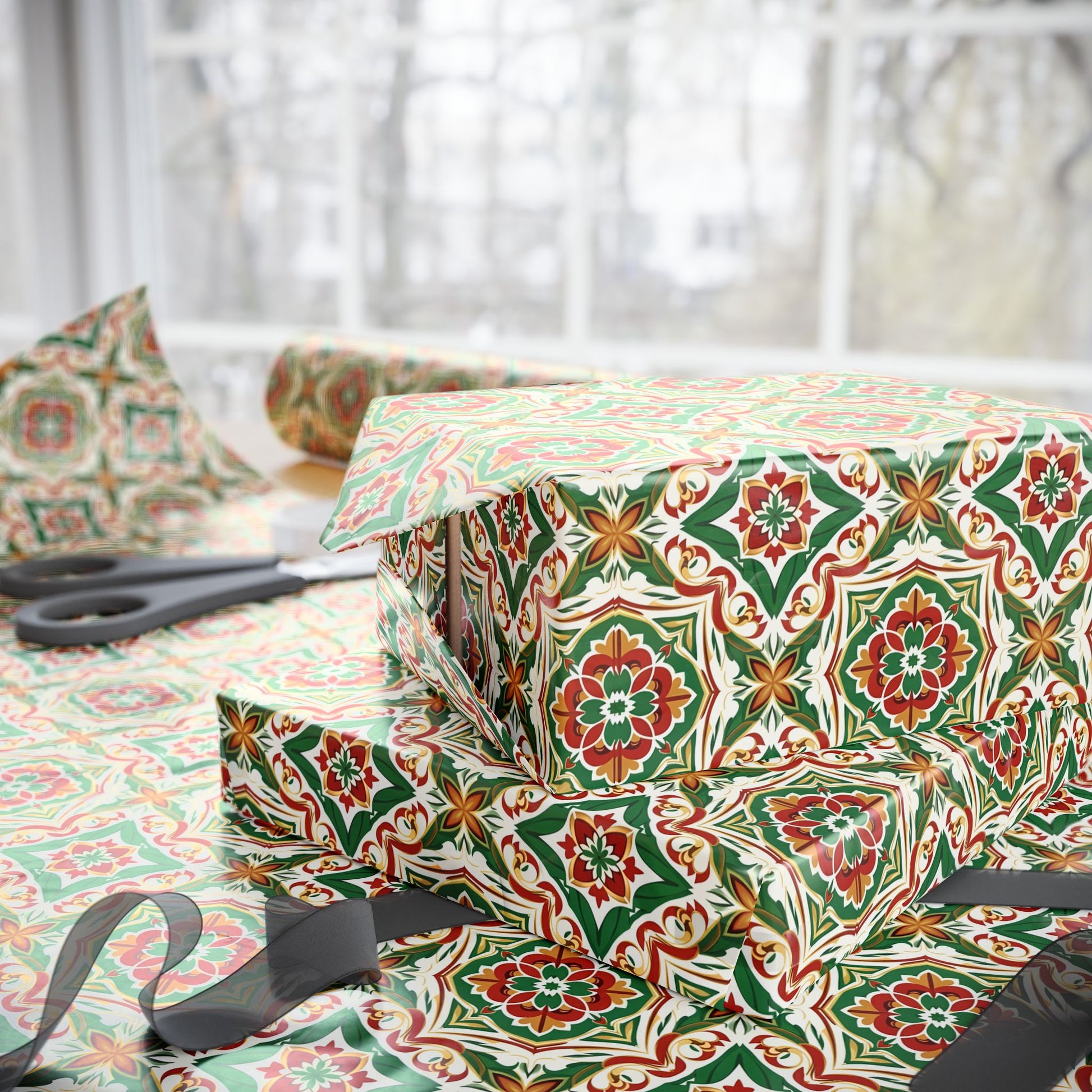 Gift wrapped in colorful portuguese christmas tile patterned paper with scissors on a table.