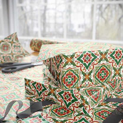 Gift wrapped in colorful portuguese christmas tile patterned paper with scissors on a table.