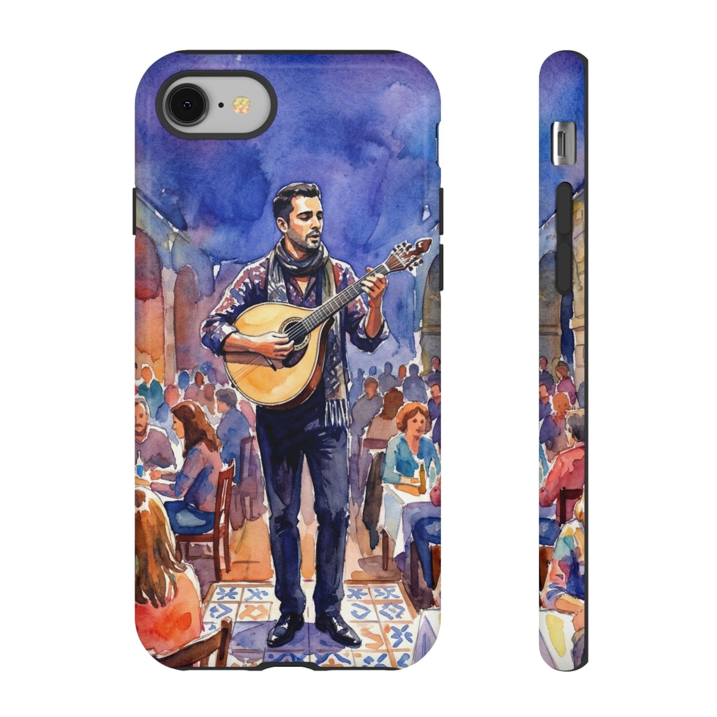 Phone case with a painting of a man playing guitar in a street setting