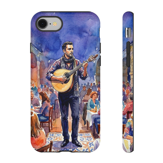 Phone case with a painting of a man playing guitar in a street setting