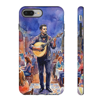 Phone case with a painting of a man playing guitar in a crowd