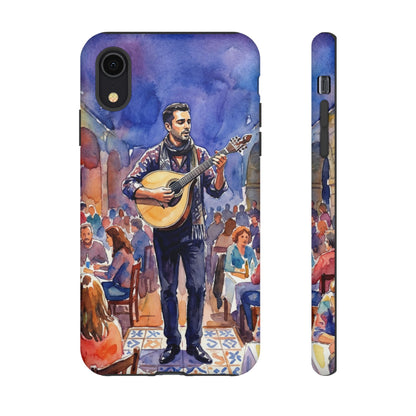 Phone case with a painting of a man playing guitar in a lively street scene.