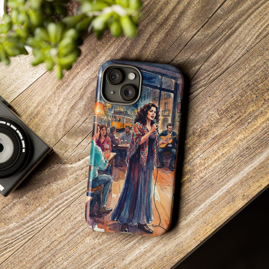 Phone case with a street performer illustration on a wooden surface