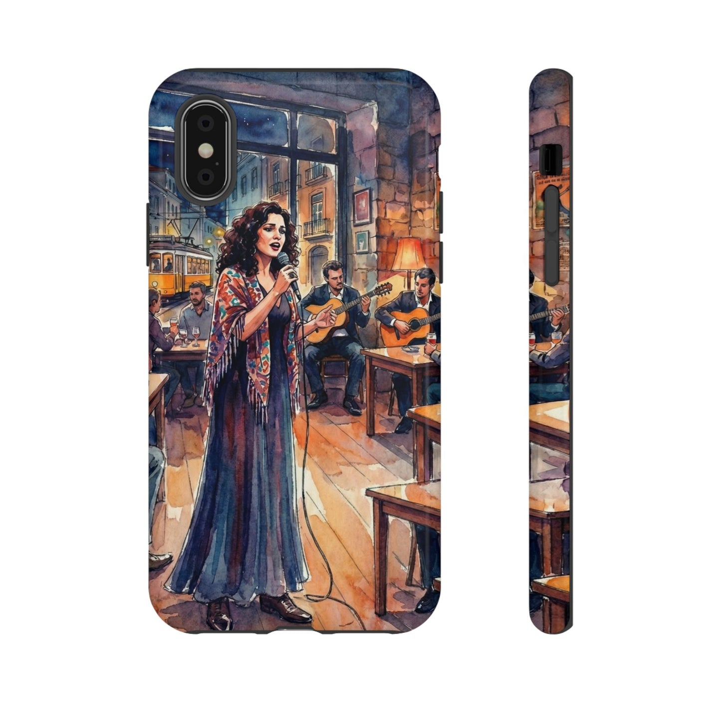 Phone case with an illustration of a woman singing in a bar with musicians.