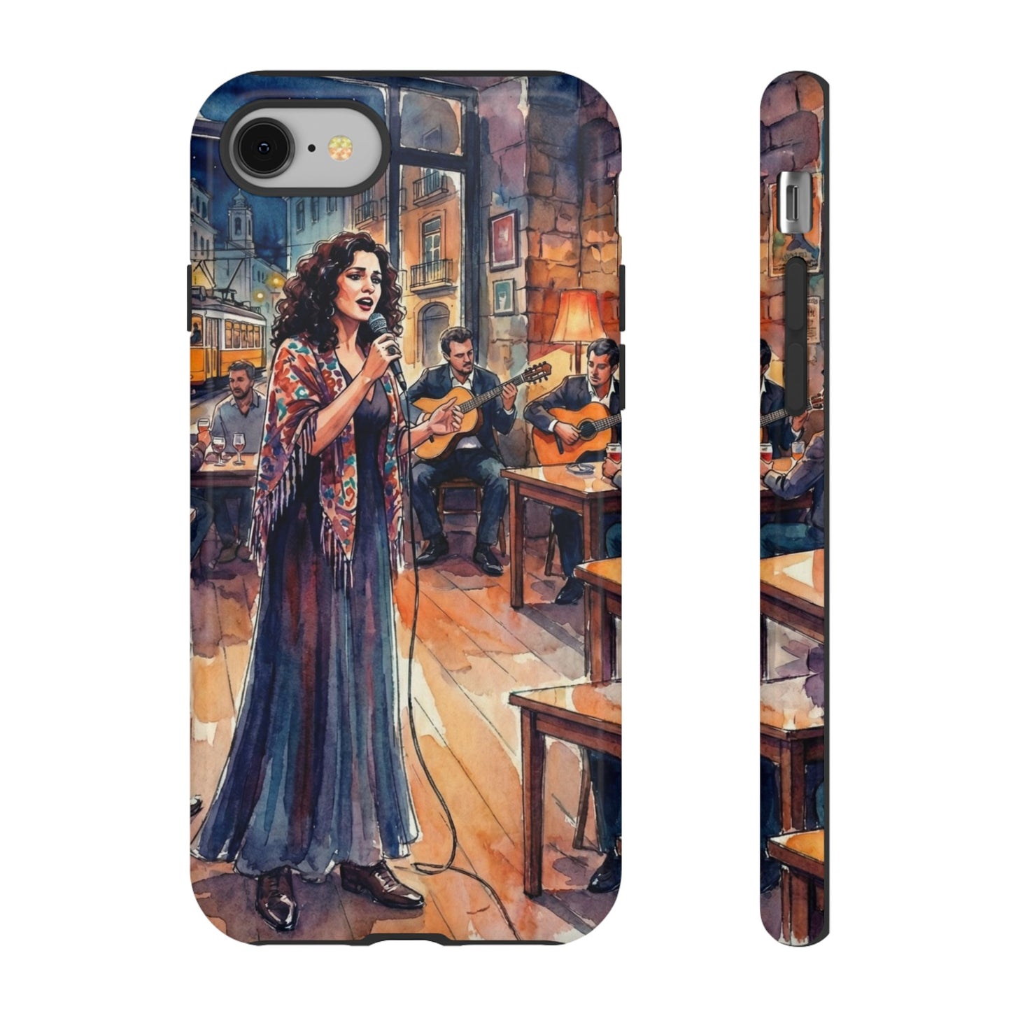 Phone case with an illustration of a woman singing in a bar with musicians.