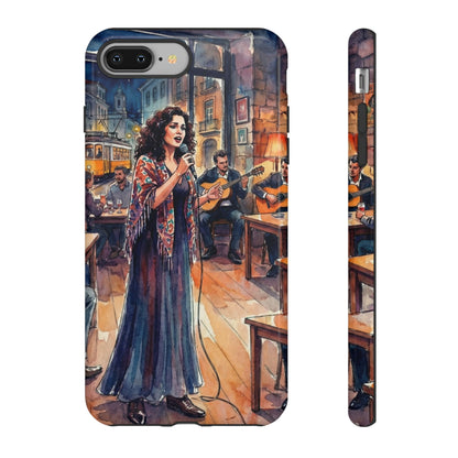 Phone case with an illustration of a woman singing in a bar with musicians.