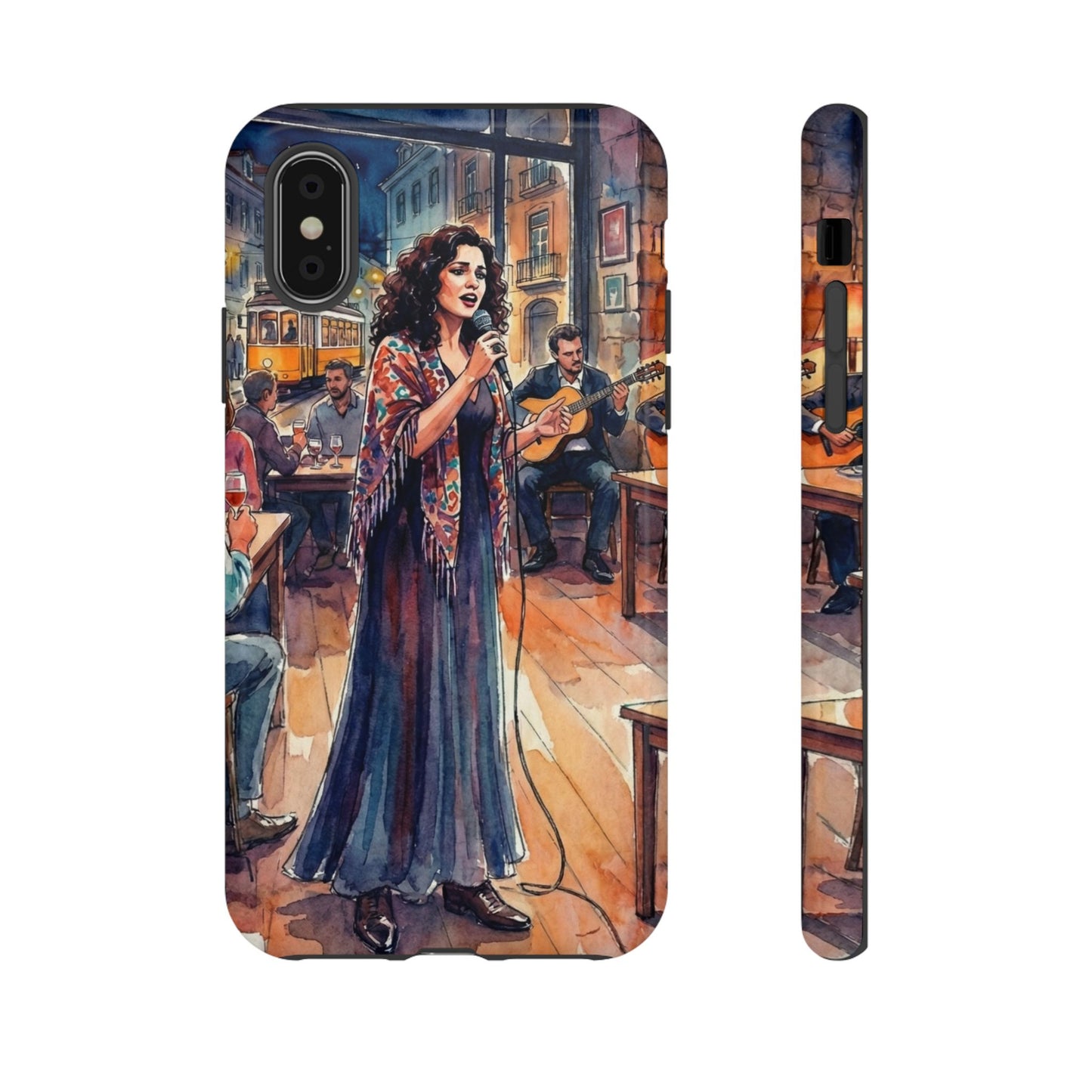 Phone case with an illustration of a woman singing in a bar.