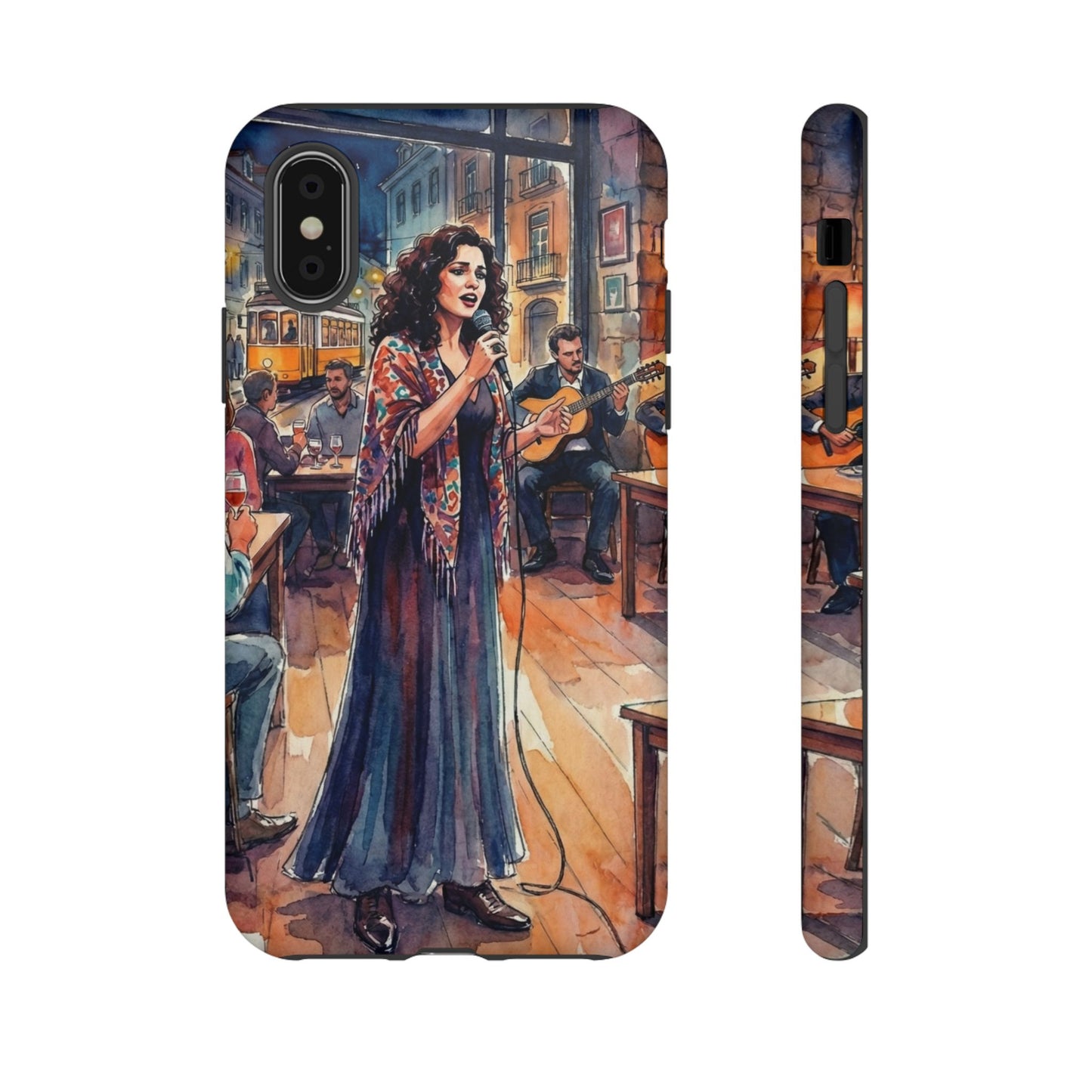 Phone case with a painting of a woman singing in a bar