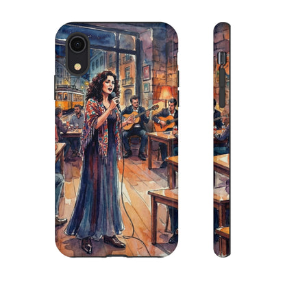 Phone case with an illustration of a woman singing in a bar with musicians.
