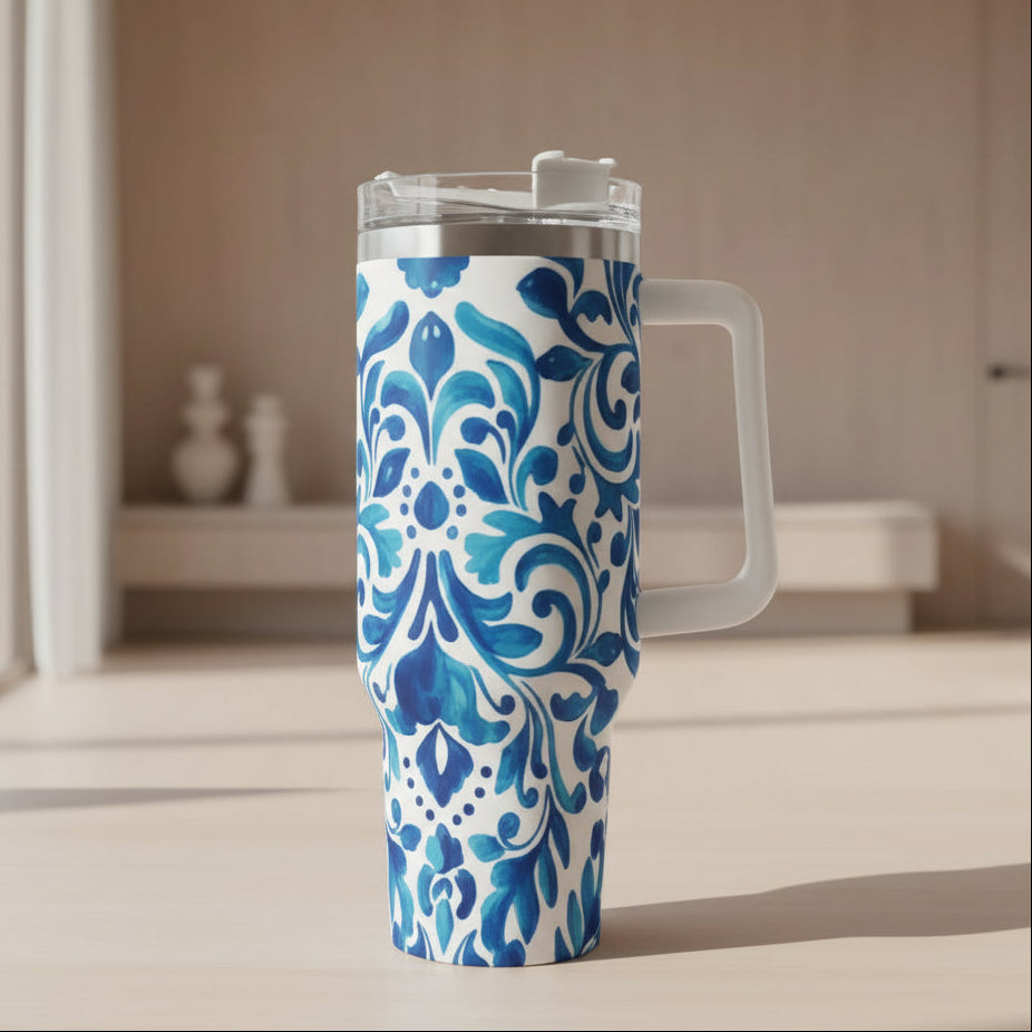 Blue and white patterned mug on a wooden table with a modern room in the background