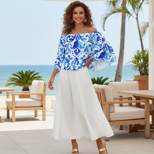 Ondas Off Shoulder Trumpet Sleeve Blouse