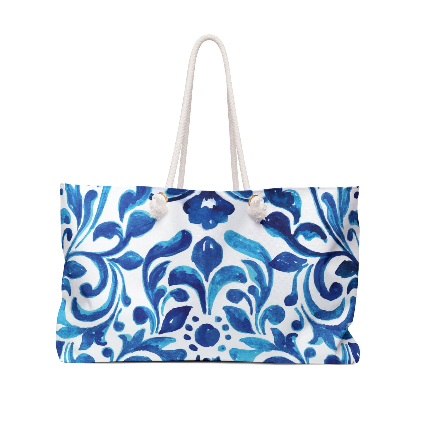 Tote bag with blue floral pattern on a white background