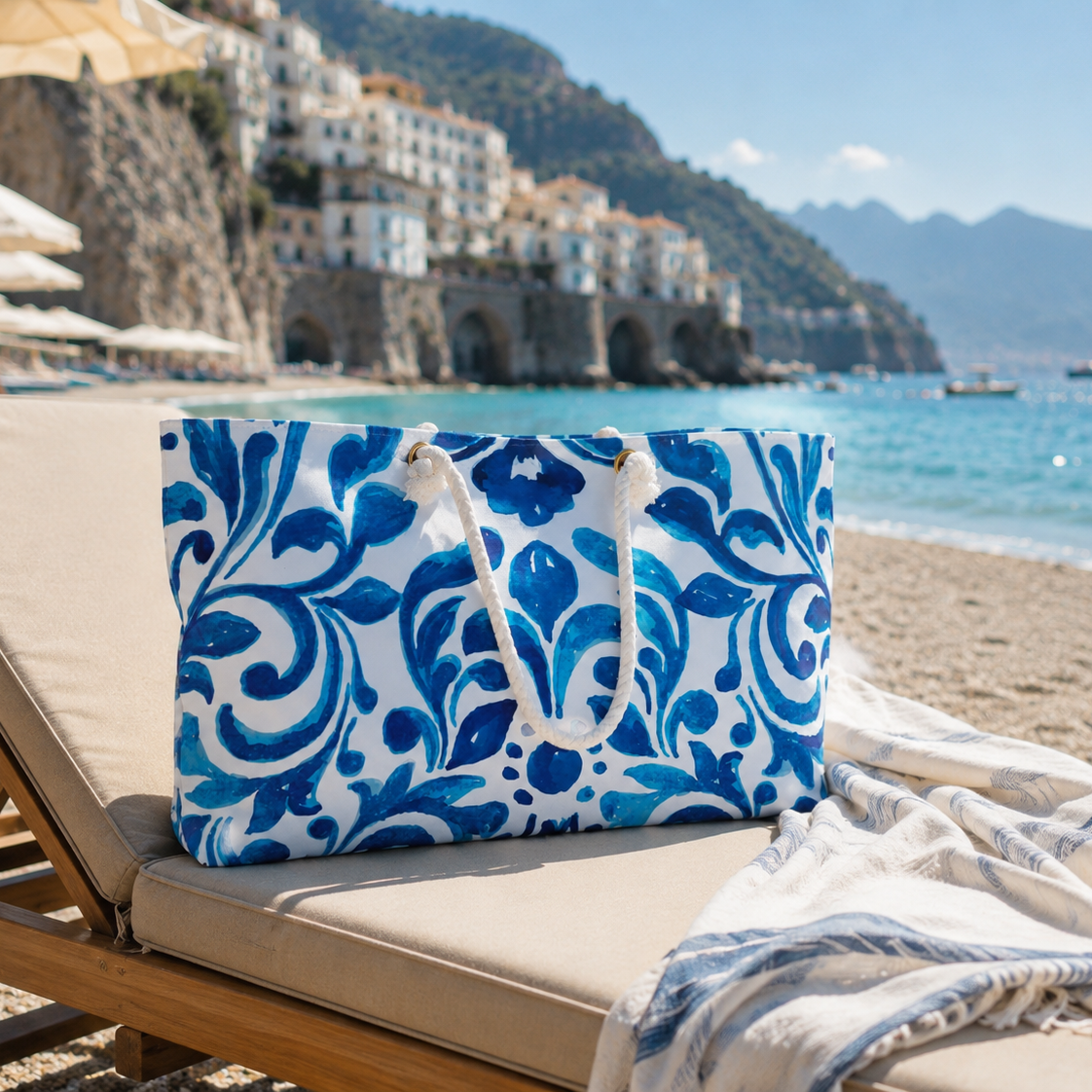 A blue and white patterned tote bag with white rope handles sits on a beige beach lounge chair at a sunny beach, with a blue and white striped throw blanket draped over the chair and a coastal town in the background.