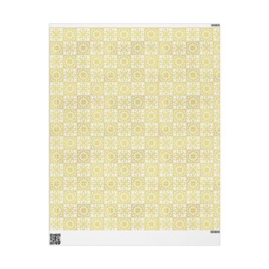 Patterned paper with a yellow and white geometric design on a white background. gold and white azulejo