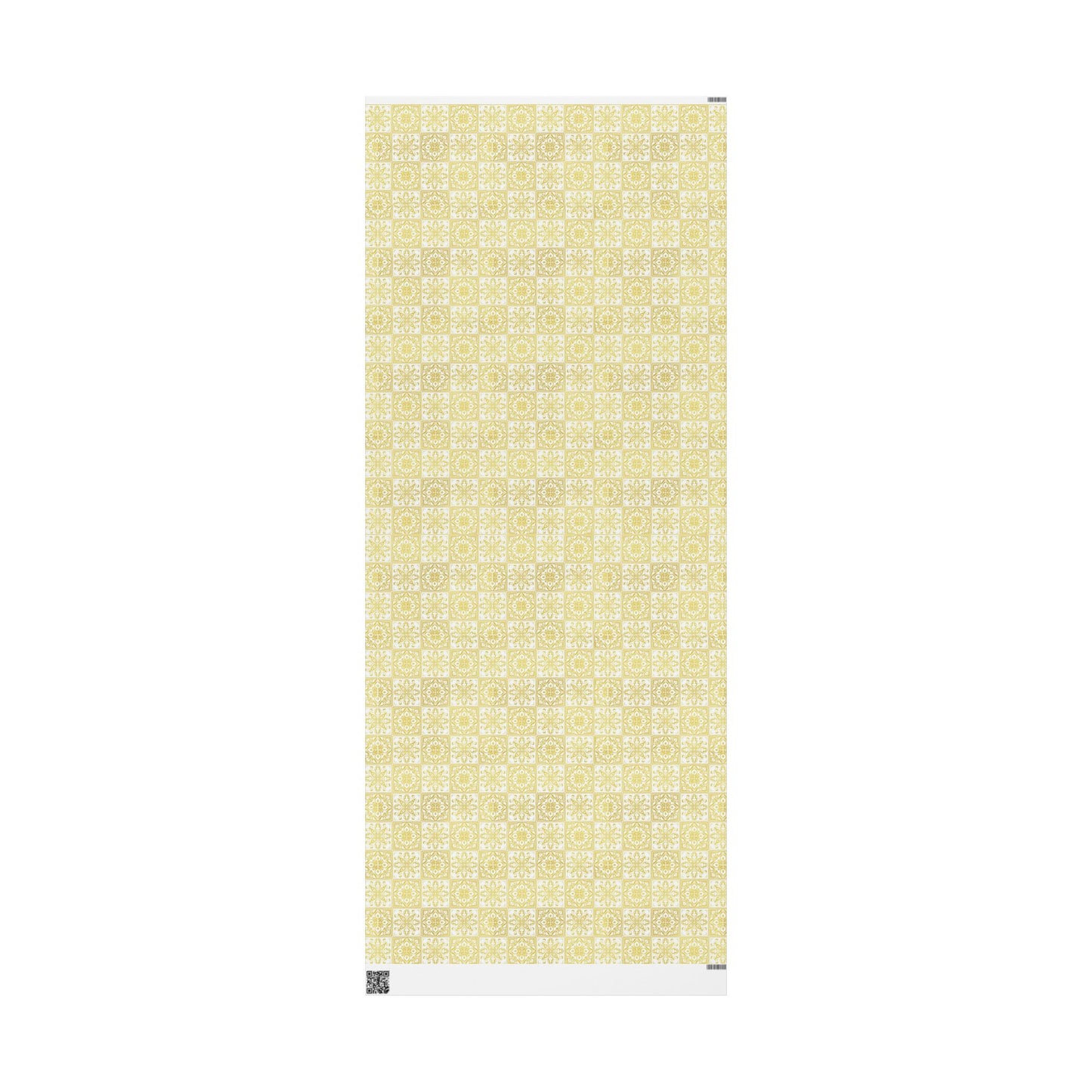 Yellow patterned wrapping paper on a white background. gold and white azulejo