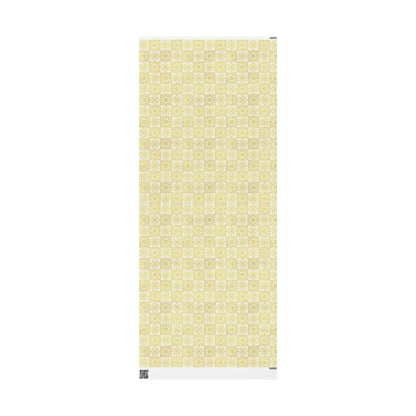 Yellow patterned wrapping paper on a white background. gold and white azulejo