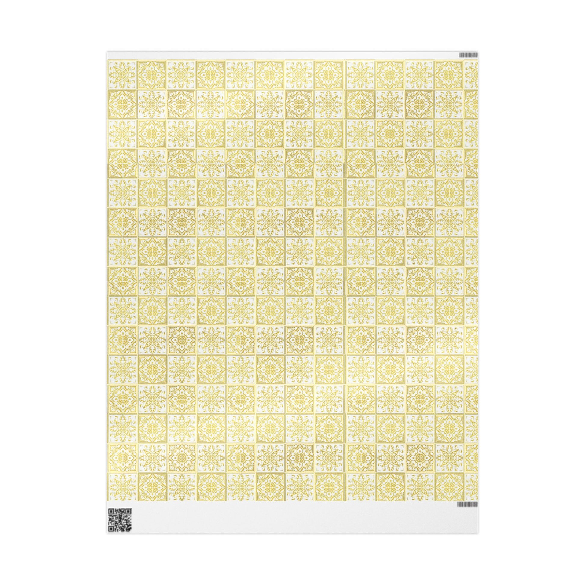 Roll of yellow and white tile patterned wrapping paper with a white border