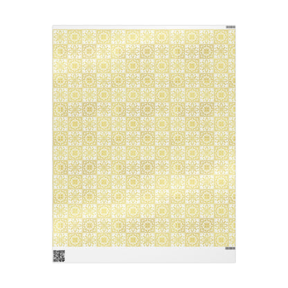 Roll of yellow and white tile patterned wrapping paper with a white border
