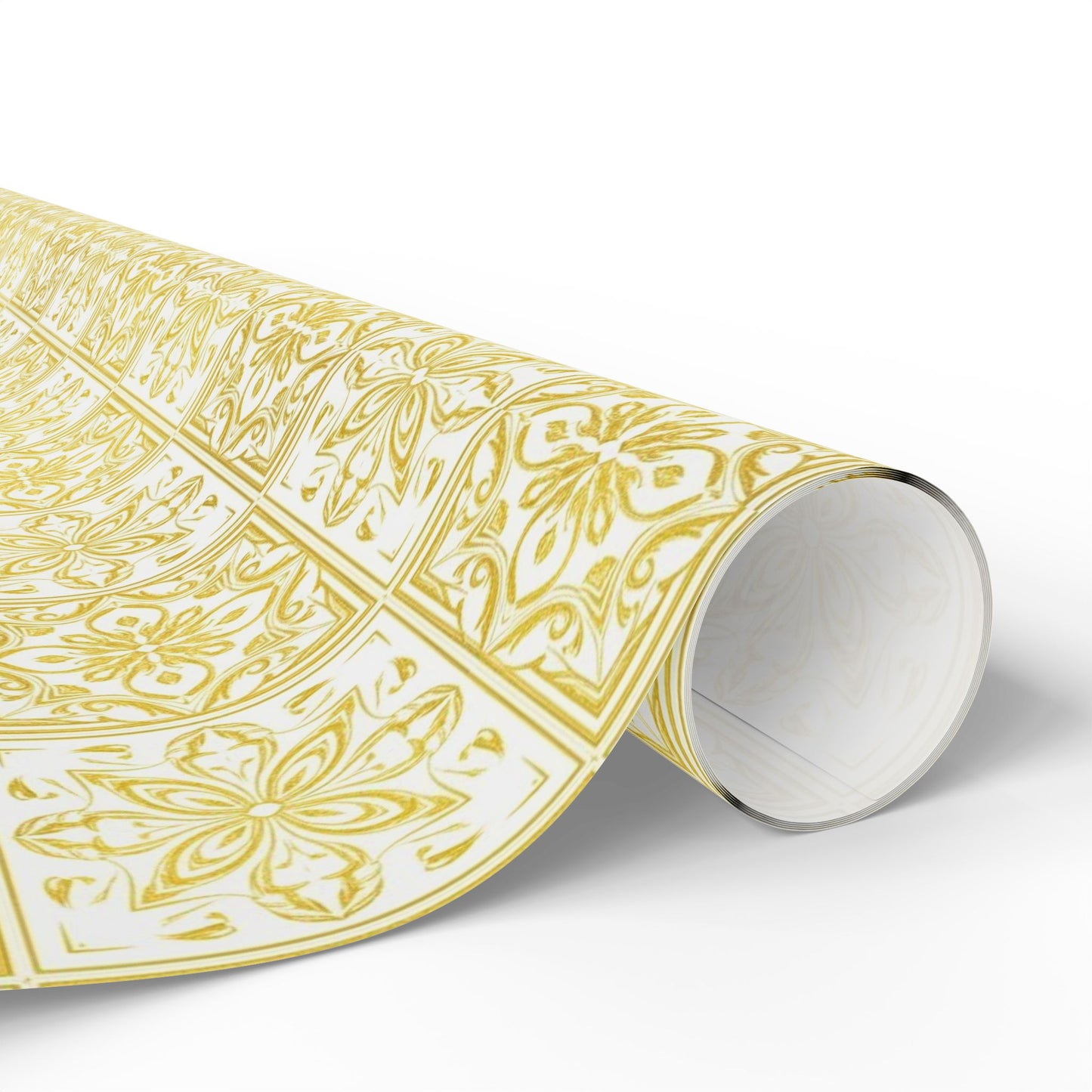 Roll of gold and white portuguese tile patterned paper on a white background