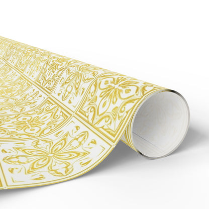 Roll of gold and white portuguese tile patterned paper on a white background