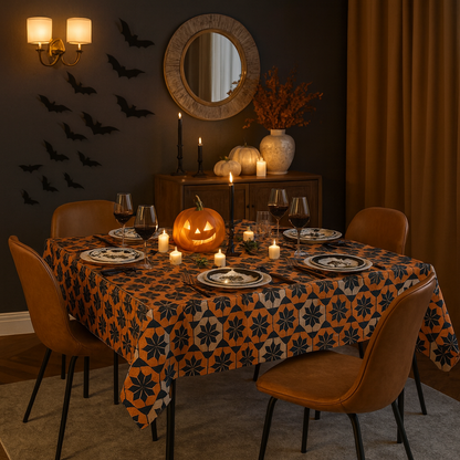 Dining room with Halloween-themed decor, including a carved pumpkin, candles, and decorative bats on the wall.