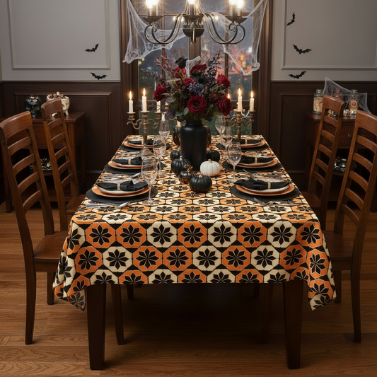 Dining room table set for a Halloween dinner with a patterned tablecloth, candles, and decorative items.