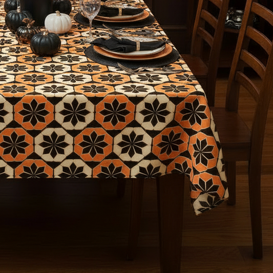 A Halloween-themed dining room set with a rectangular table covered in an orange, black, and cream geometric floral tablecloth. The table is styled with black plates, white napkins, wine glasses, a black vase filled with red roses, small pumpkins, and lit candles.