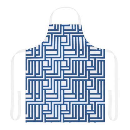 White apron with blue geometric pattern on a white background