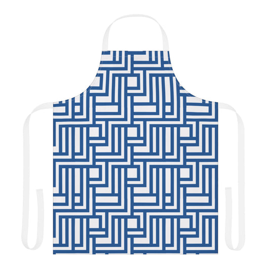 White apron with blue geometric pattern on a white background